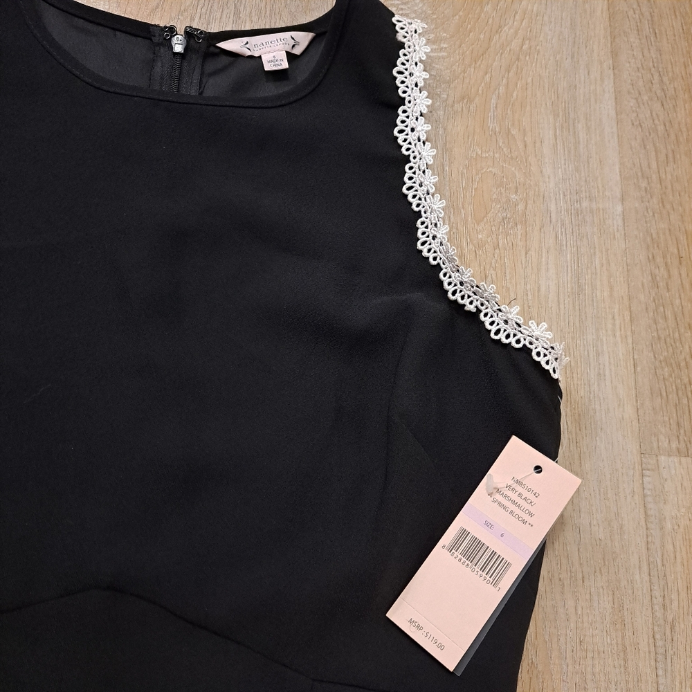 Nanette Lepore Black Ruffle Dress Sleeveless White Lace Trim Women's Size 6 - Picture 11 of 14